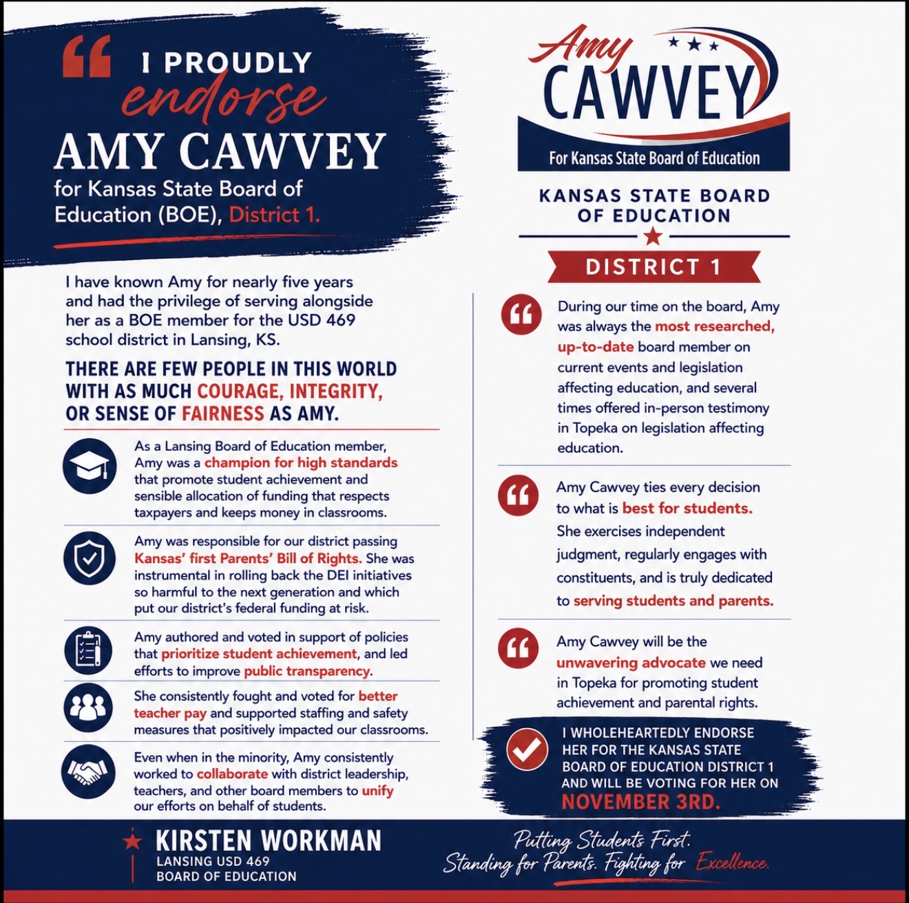 Board of Education Representative Kristen Workman endorses Amy Cawvey for Kansas State Board of Education District 1