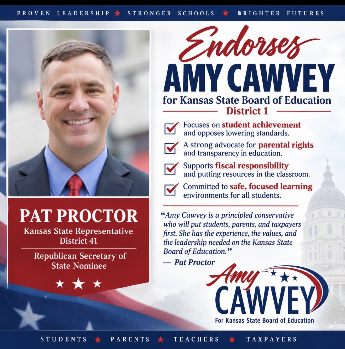 Kansas State Representative Pat Proctor endorses Amy Cawvey for Kansas State Board of Education District 1