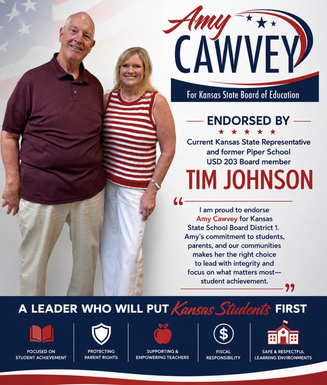 Kansas State Representative Tim Johnson endorses Amy Cawvey for Kansas State Board of Education District 1